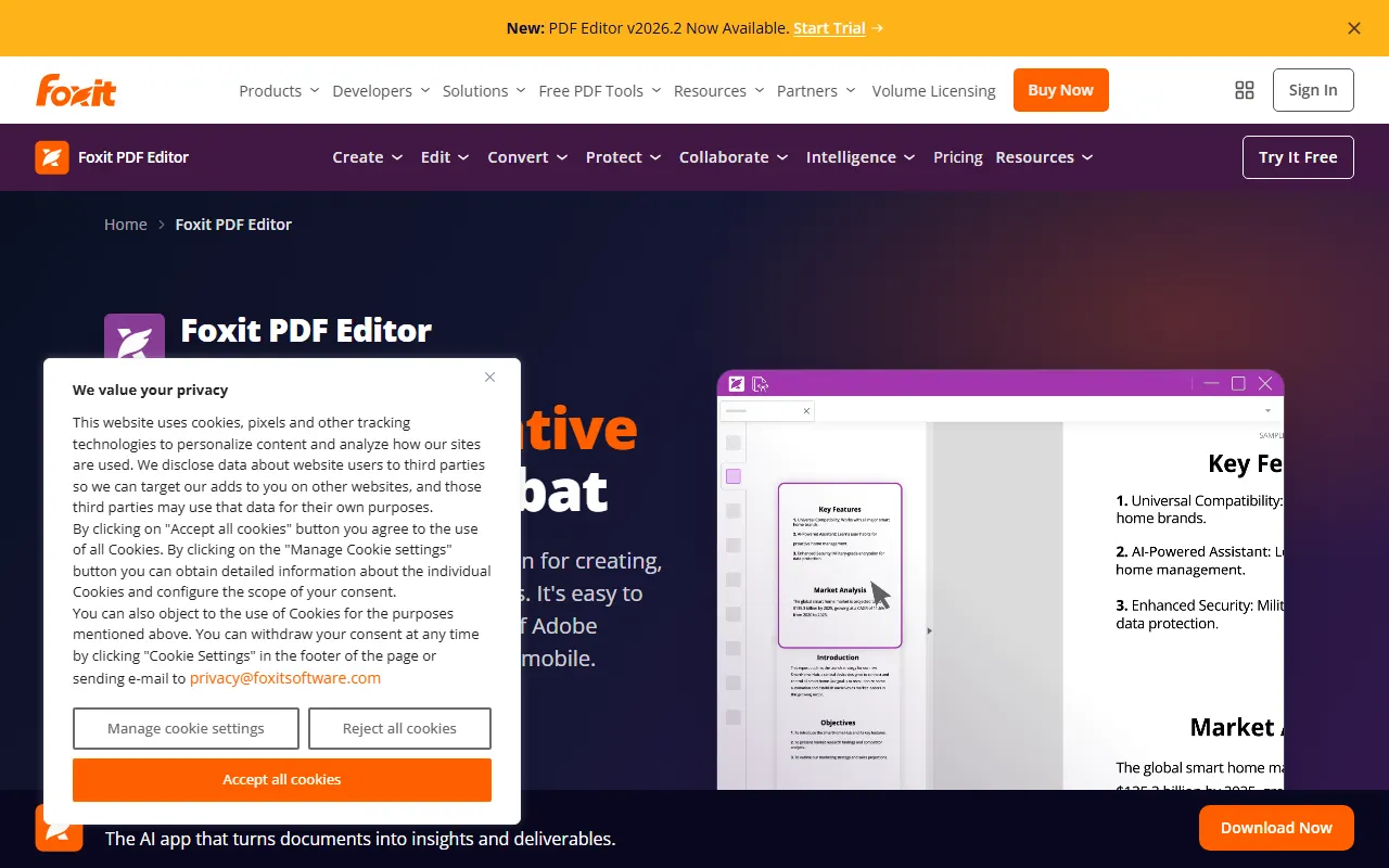 Foxit PDF Editor homepage with the headline “The #1 Alternative to Adobe Acrobat” above the plan cards and feature comparison