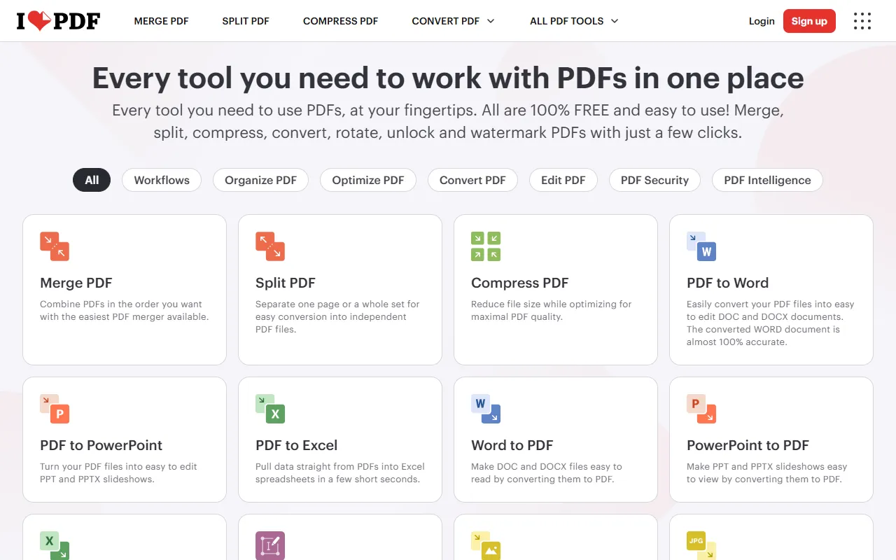 iLovePDF homepage with the headline “Every tool you need to work with PDFs in one place” and a grid of tools: Merge, Split, Compress, PDF to Word, PDF to PowerPoint and more