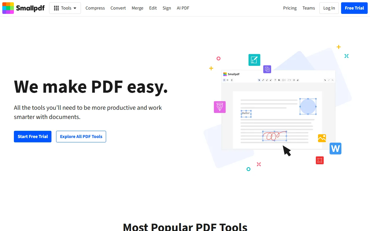 Smallpdf homepage with the headline “We make PDF easy.”, Start Free Trial and Explore All PDF Tools buttons, and an illustration of a PDF being edited and signed