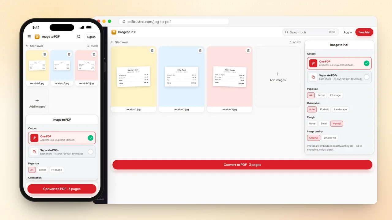 Image to PDF on a phone and in a desktop browser, with three receipt photos loaded and the output, page size, orientation, margin and quality options